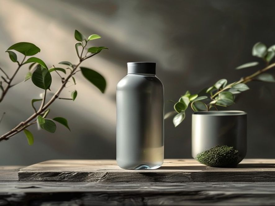Balanced water bottle on a wooden surface near plants