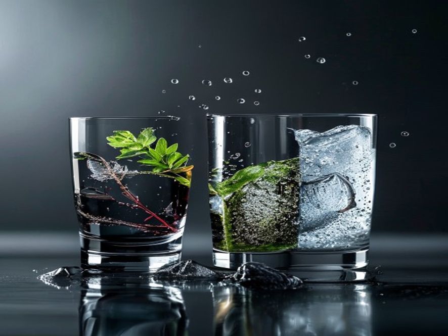 Four seasons depicted with water glass and seasonal natural elements